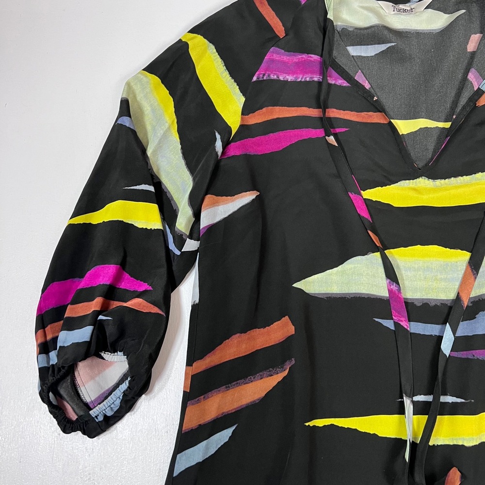 Tucker Silk Blouse M Black Multicolor Abstract Art to Wear Tie Neck - Picture 10 of 16